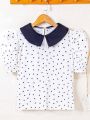 Teen Girls' Doll Collar Heart Print Short Puff Sleeve Shirt