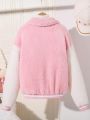Tween Girl Letter Patched Striped Trim Drop Shoulder Teddy Jacket Without Sweater