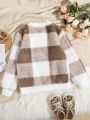 Mother And Daughter Matching Plaid Patchwork Fleece Sweatshirt In Multiple Colors For Daily Wear In Spring, Autumn And Winter