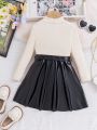 Young Girl Two Tone Belted PU Leather Combo Dress