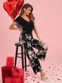 SHEIN Clasi Valentine's Day Floral Print Jumpsuit With Cape Sleeves