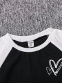 SHEIN Teen Girls' Knitted Heart Pattern Colorblock Drop Shoulder Short Sleeve T-Shirt