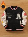 SHEIN Kids HYPEME Young Boys' Warm-Lined Contrast Color Baseball Jacket With Letter Print