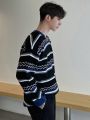 DAZY Men's Striped Notch Collar Drop Shoulder Sweater