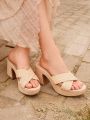 Styleloop Women'S Apricot Vintage Weave Peep Toe Chunky Heel Waterproof Platform Retro Style High Heel Thick Sole Fashion Sandals