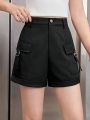 SHEIN Teen Girls' Woven Twill D-ring Belted Casual Shorts With Patch Pockets