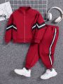 SHEIN Toddler Boys' Casual Sporty Style Zip-Up Hoodie With Woven Tape Detail On Sleeve And Knitted Pants Set
