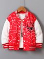 Young Boy Spider Web Print Striped Trim Varsity Jacket Without Tee