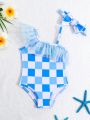 Baby Girl Blue & White Plaid & Printed Mesh Patchwork Swimsuit With Headband
