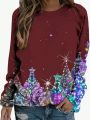 Casual Round Neck Christmas Printed T-shirt
