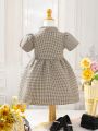 SHEIN Kids EVRYDAY Little Girls' Stylish Classic Plaid Korean-Style Waist-Cinched Dress