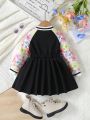 Young Girl Floral Print Raglan Sleeve Baseball Collar Letter Patched Dress