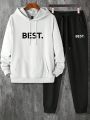 Manfinity Hypemode Men's Letter Print Hooded Sweatshirt And Sweatpants Set With Drawstring
