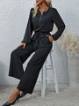Women's Solid Color Half Zipper Pullover And Wide-leg Pants Two Piece Set