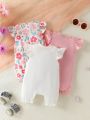 SHEIN New Casual And Elegant Baby Girls' Summer Cartoon Print Envelope Neck Flared Sleeves Comfortable Jumpsuit With Shorts Set
