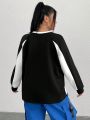 SHEIN Coolane Plus Size Women's Letter Printed Color Block Sweatshirt