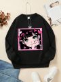 Teen Girls' Casual Cartoon Pattern Long Sleeve Round Neck Sweatshirt Suitable For Autumn And Winter