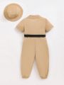 SHEIN Kids EVRYDAY Boy'S Fit Casual Woven Webbing Belt Jumpsuit And Hat