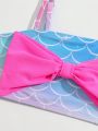 Toddler Girls' Bowknot Decorated Fish Scale Bikini Swimsuit Set With Fish Tail Beach Skirt