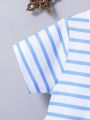 2pcs/Set Baby Boys' Blue Stripe Short Sleeve T-Shirt And Shorts Casual Outfit For Spring & Summer