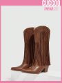 Cuccoo Everyday Collection Women's Pointed Toe Chunky Heel Western Boots In Brown With Fringe And Stud Detail
