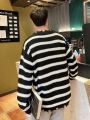 Men's Round Neck Drop Shoulder Stripe Distressed Sweater