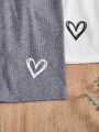 SHEIN Kids EVRYDAY Big Girls' Knitted Monochrome Love Pattern Matching Leggings Three Piece Set