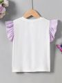 SHEIN Kids QTFun Little Girls' Butterfly Printed Contrast Flying Sleeve Knitted Tee With Round Neck