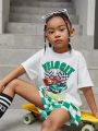 SHEIN Kids Cooltwn Young Girl's Cool Street Style Car & Letter Print Short Sleeve Top And Shorts Set For Spring And Summer
