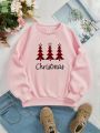 Tween Girl 1pc Christmas Tree & Letter Graphic Thermal Lined Tissue Pullover