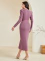 Solid Color False Two-piece Hollow Out Knitted Dress With Knot Detail