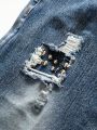 SHEIN Teen Boys' Torn Beads Embellished Distressed Washed Denim Jeans