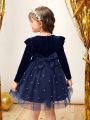 SHEIN Toddler Girls' Ruffle Trim Beaded Mesh Dress With Patchwork Design, Party Dress