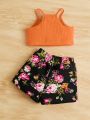 SHEIN Baby Ribbed Knit Cami Top & Floral Print Shorts