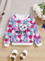 SHEIN Infant Girls' Cute Cartoon Cat & Floral Pattern Patchwork Long Sleeve Sweatshirt