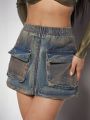 Luxe Women's Denim Tooling Pocket Skirt
