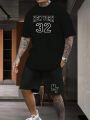 SHEIN Extended Sizes Men's Plus Size Text Pattern Short Sleeve T-shirt And Shorts Casual Fashion 2pcs/set