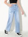 Tween Girls' New Fashionable Distressed Washed Denim Straight Pants, Slim Fit
