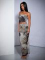SHEIN BAE Women's Marble Tie Dye Print Bandeau Top & Wrinkle Asymmetric Skirt Set For Summer