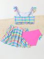 Girls' (Little) Gingham Ruffle Hem Top And Skirt Swimsuit Set