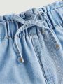 SHEIN Tween Girls' Loose Elastic Waist Butterfly Knot Design Blue Denim Straight Pants