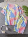 SHEIN Kids EVRYDAY Teenage Boys' Casual Loose Tie-Dye Round Neck Short Sleeve T-Shirt And Shorts Set