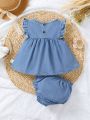 Baby Girl Embroidery Pattern Flutter Sleeve Top With Skirted Hem & Cute Triangle Shorts 2pcs/Set