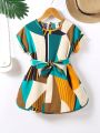 SHEIN Kids SUNSHNE Toddler Girls' Geometric Printed Belted Dress