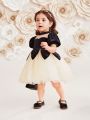 SHEIN Baby Girls' Elegant Velvet & Mesh Patchwork Short Sleeve Party Dress
