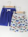 SHEIN Boys' Pure Color Two-Piece Set Of Shorts With Car And Excavator Pattern