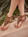 Styleloop Women's Fashionable And Versatile Hand-Stitched Beaded Thong Flat Sandals,Stylish Slip-On Flip-Flops, Back Zipper Structure, Bohemian Style For Spring And Summer Vacations