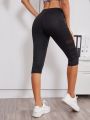 Yoga Trendy Mid-Calf Length Athletic Leggings Slight Stretch Tummy Control Training Leggings With Side Phone Pocket And Contrast Mesh