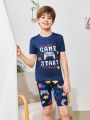 SHEIN Tween Boys' Tight-Fitting Casual Round Neck Graphic T-Shirt Shorts Home Wear Two-Piece Set
