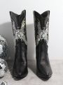 Faux Leather Rhinestone Detail Western Boots